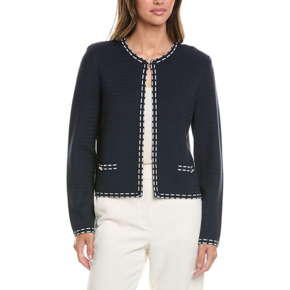 St. John Womens Ticking Trim Crew Jacket, Navy